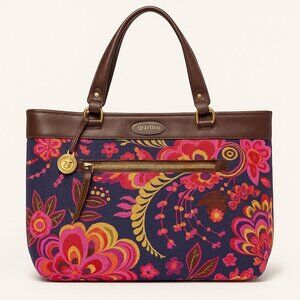 Spartina 449 Floral Canvas Tote Bag with Brown Leather Trim – Vibrant Shoulder P